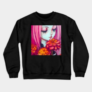 Pink Haired Girl with Dahlia Flowers Crewneck Sweatshirt